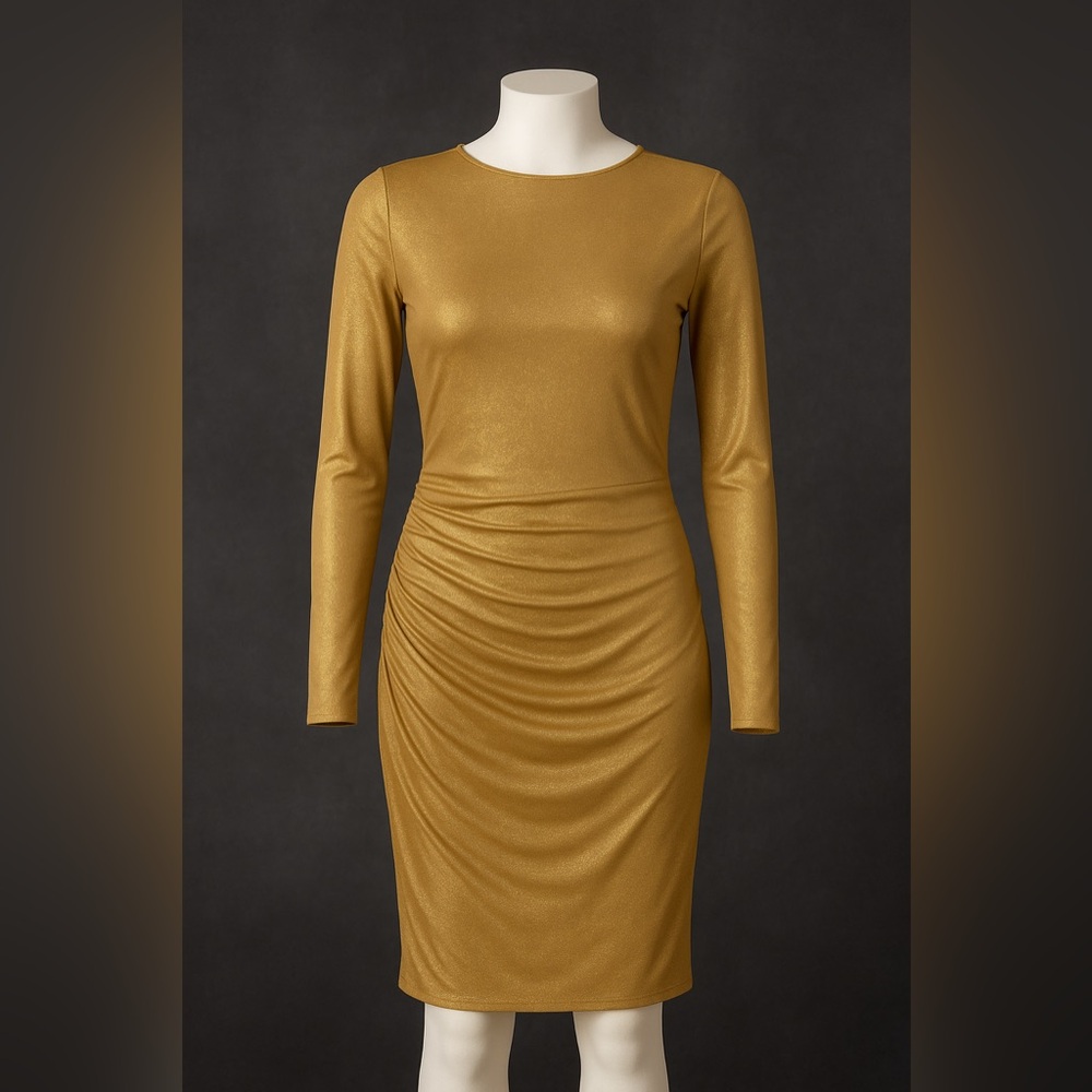 Blashe Los Angeles Womens Metallic Gold Ruched Long Sleeve Mini Dress Size Small